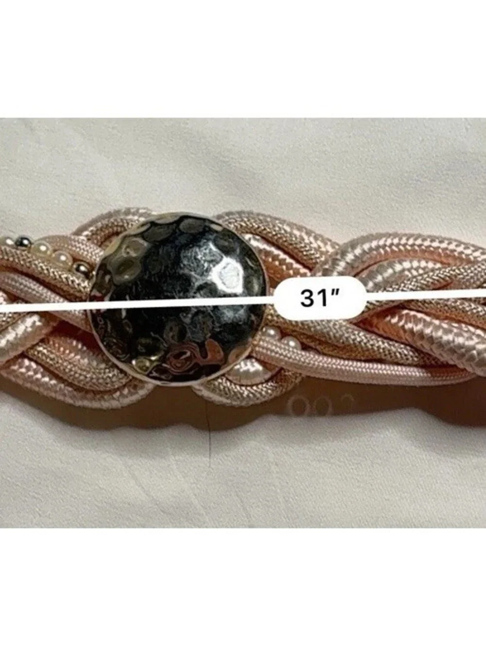 Vintage 80s Pink Braided Satin Belt with Faux Pearls & Gold-